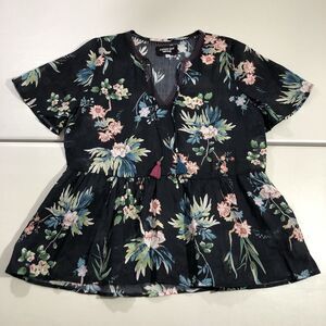 JOHNNY WAS Boho Floral Print Blouse Size M Top Tropical Black